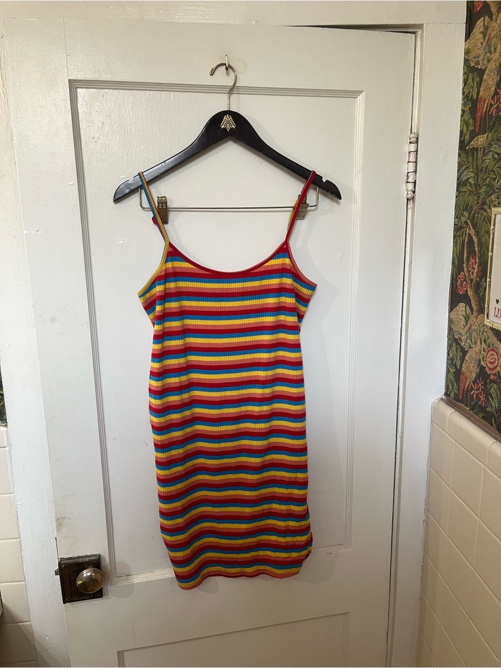 SHEIN Rainbow Striped Ribbed Bodycon Mini Dress Size L EUC
